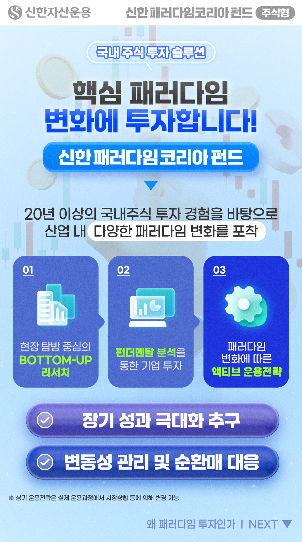 투자 포인트 1 - 신한 패러다임코리아펀드 주식형 - 신한자산운용 - 투자 포인트 1: 시대를 리딩하는 패러다임 기업에 집중 투자 - 대한민국 경제 성장을 이끄는 핵심 패러다임 3가지에 주목합니다. - 01 혁신 성장(Innovation): AI, 반도체, 로보틱스 등 기술 혁신을 주도하는 기업 - 02 산업 구조 변화(Structural Change): 에너지 전환, 공급망 재편 등 구조적 변화의 수혜 기업 - 03 기업가치 제고(Value-up): 지배구조 개선 및 주주친화 정책으로 재평가가 기대되는 기업 - * 상기 운용전략은 실제 운용과정에서 시장 상황 등에 따라 변경 가능